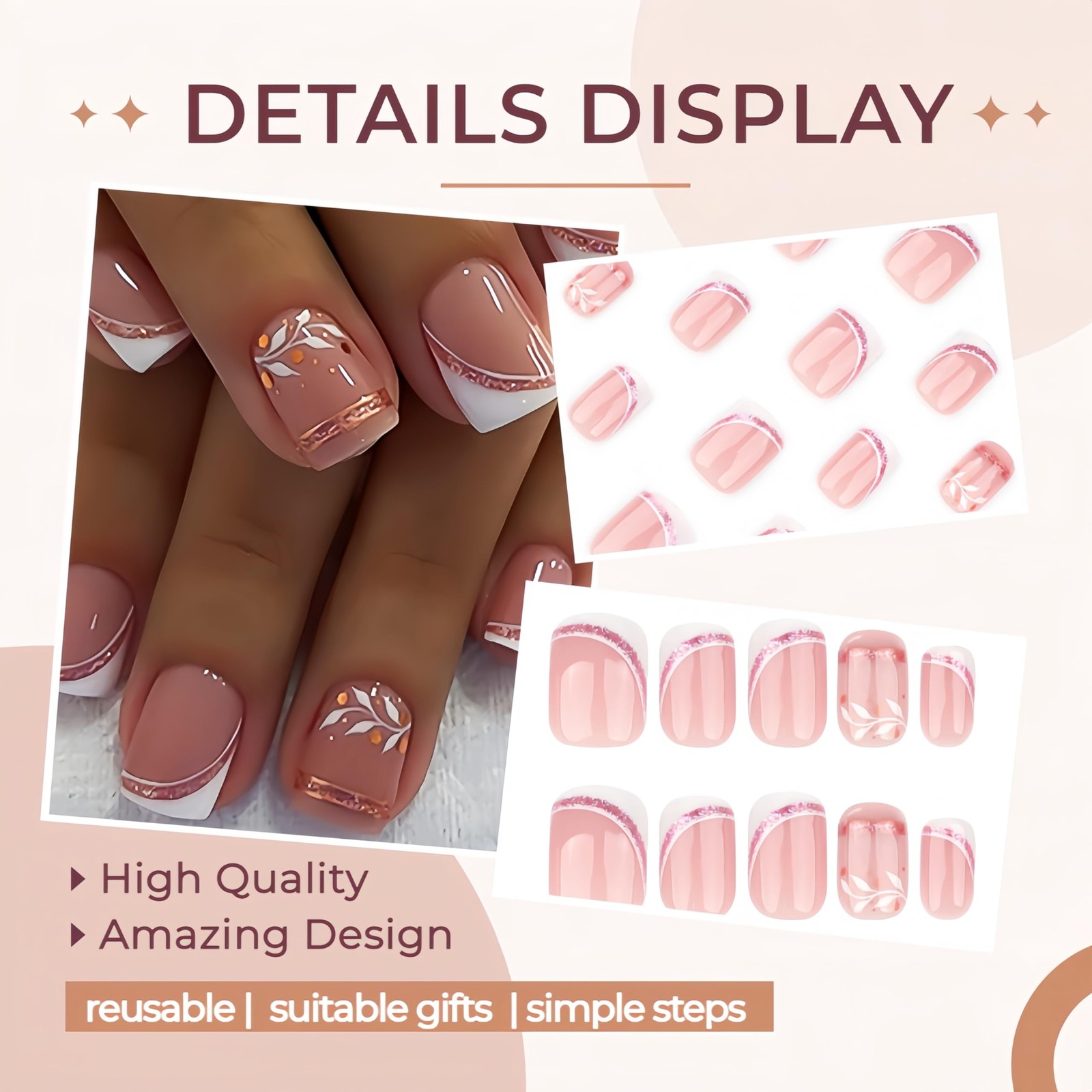 24Pcs Short Press on Nails French Tip Square 1 Fl Oz (Pack of 1), Multicolor