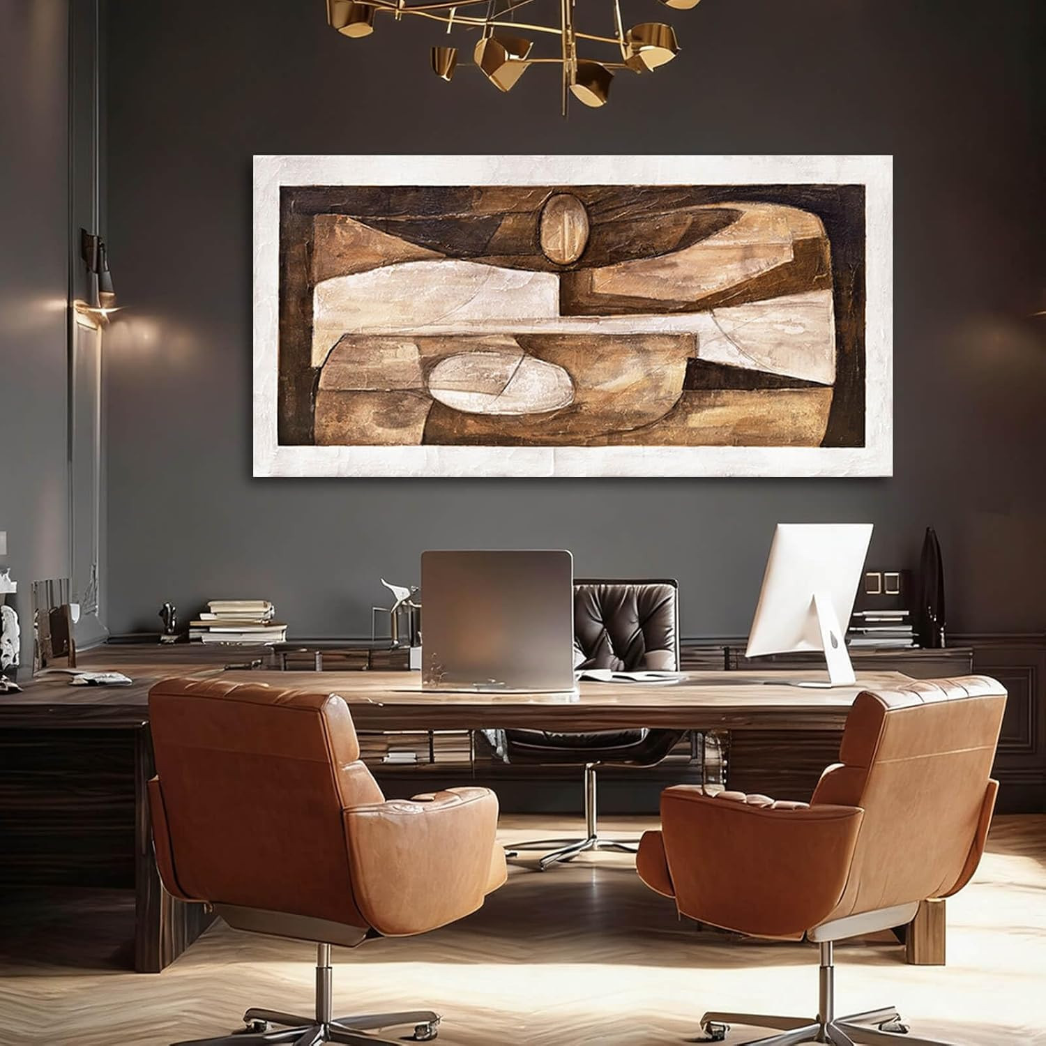Geometric Tan Wall Art – Textured Gold Decor for Living Room & Office 24×48
