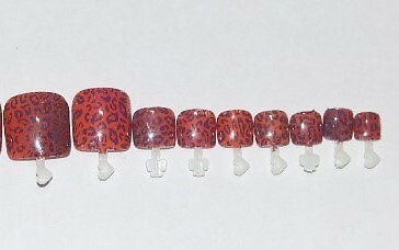 Red leopard print- press on Toe nail set- (Set of 18 sizes 0-8) Toe Nails