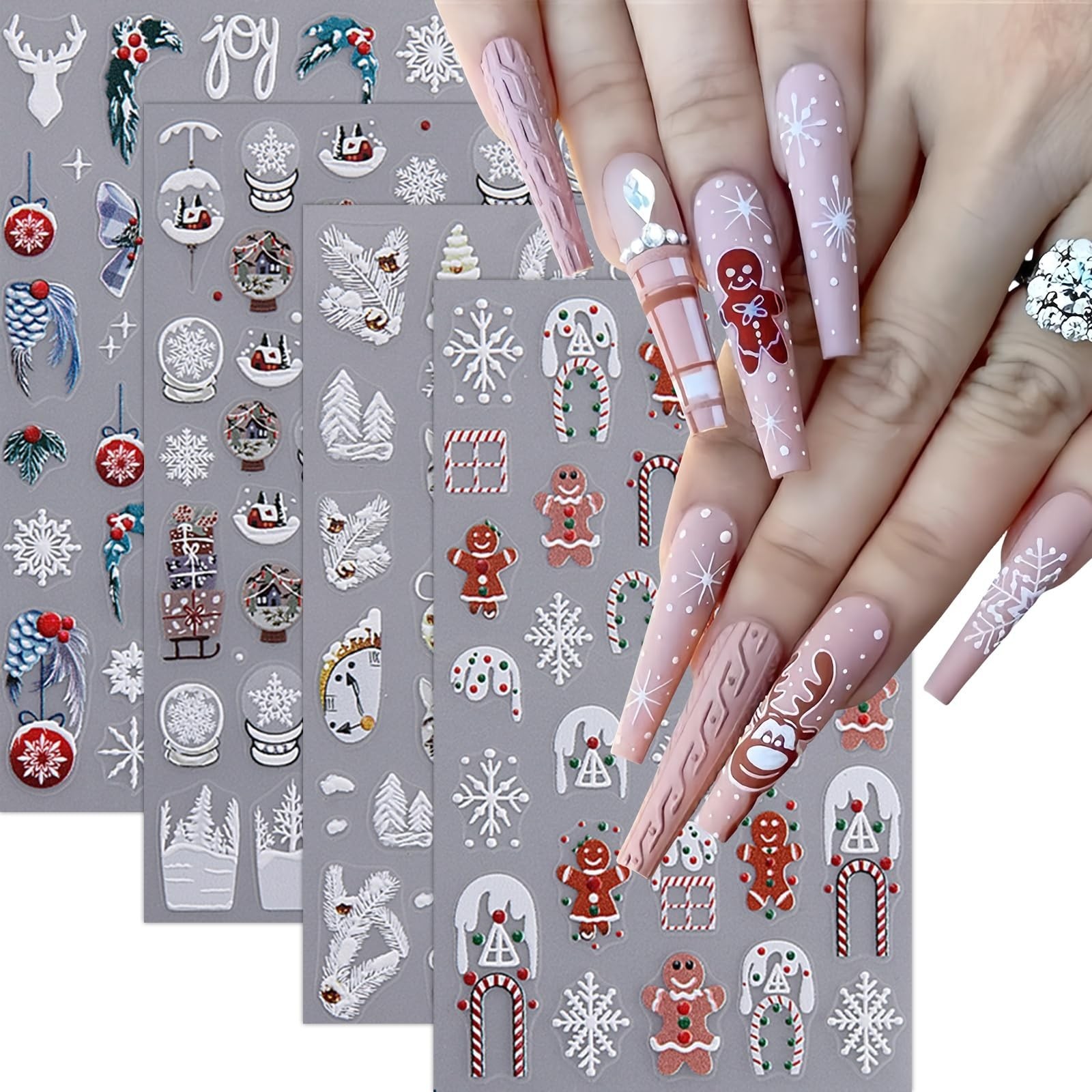 4Pcs Christmas Snowflake Nail Stickers 5D Embossed Self-Adhesive Glitter Chri…