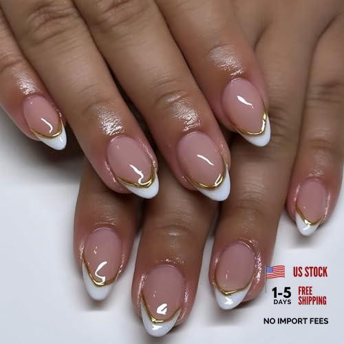Medium Pink Almond Press on Nails – 3D Gold Stripes – White French