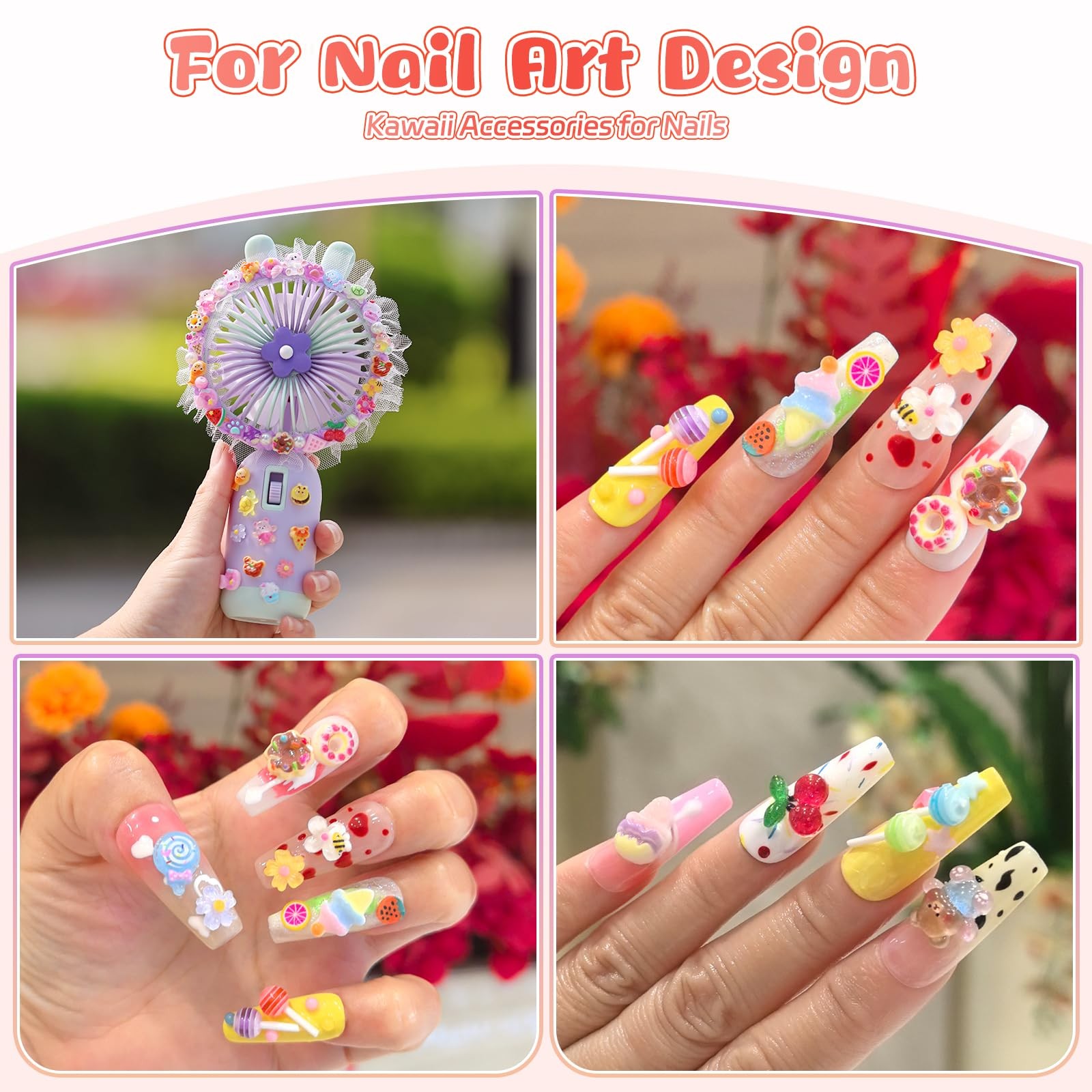 Kikonoke 300PCS Kawaii Nail Charms Kit, 3D Animal & Candy Animals &