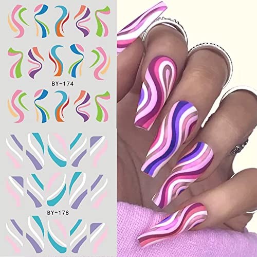 12 Sheets Nail Stickers Colorful Line Design Water Transfer Nail Decals
