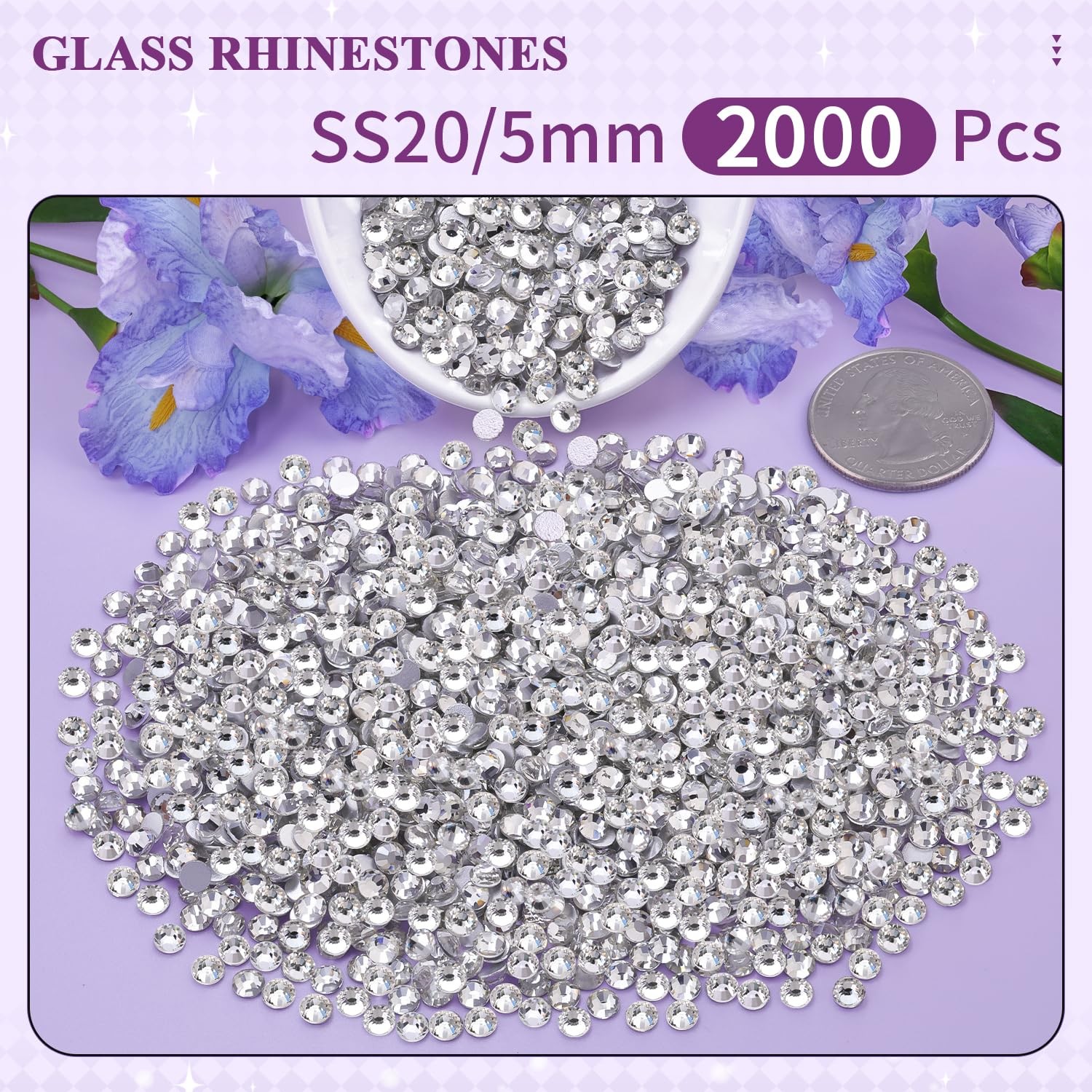 2000pcs SS20 5mm Glass Crystal Rhinestones Clear Flatback Gems for Crafts Nails