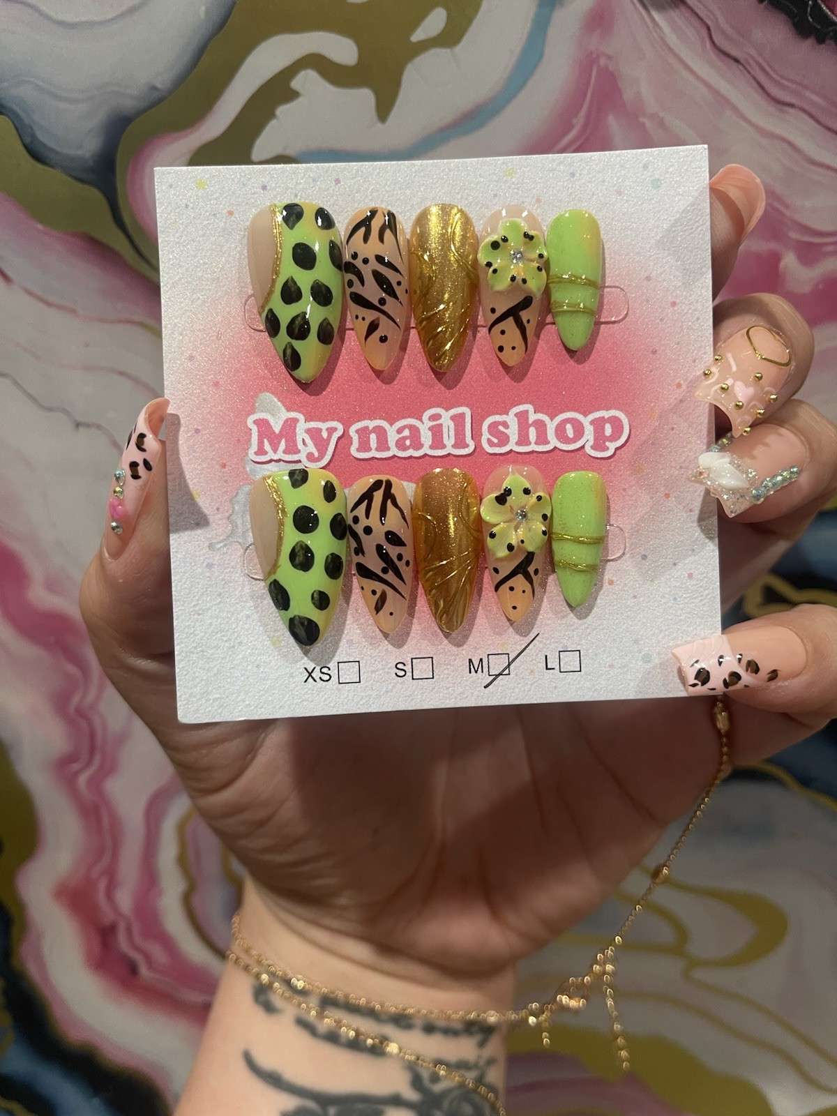 My nail shop Press-On Nails Long Almond Green/Gold/Beige/Black 3D Animal Print