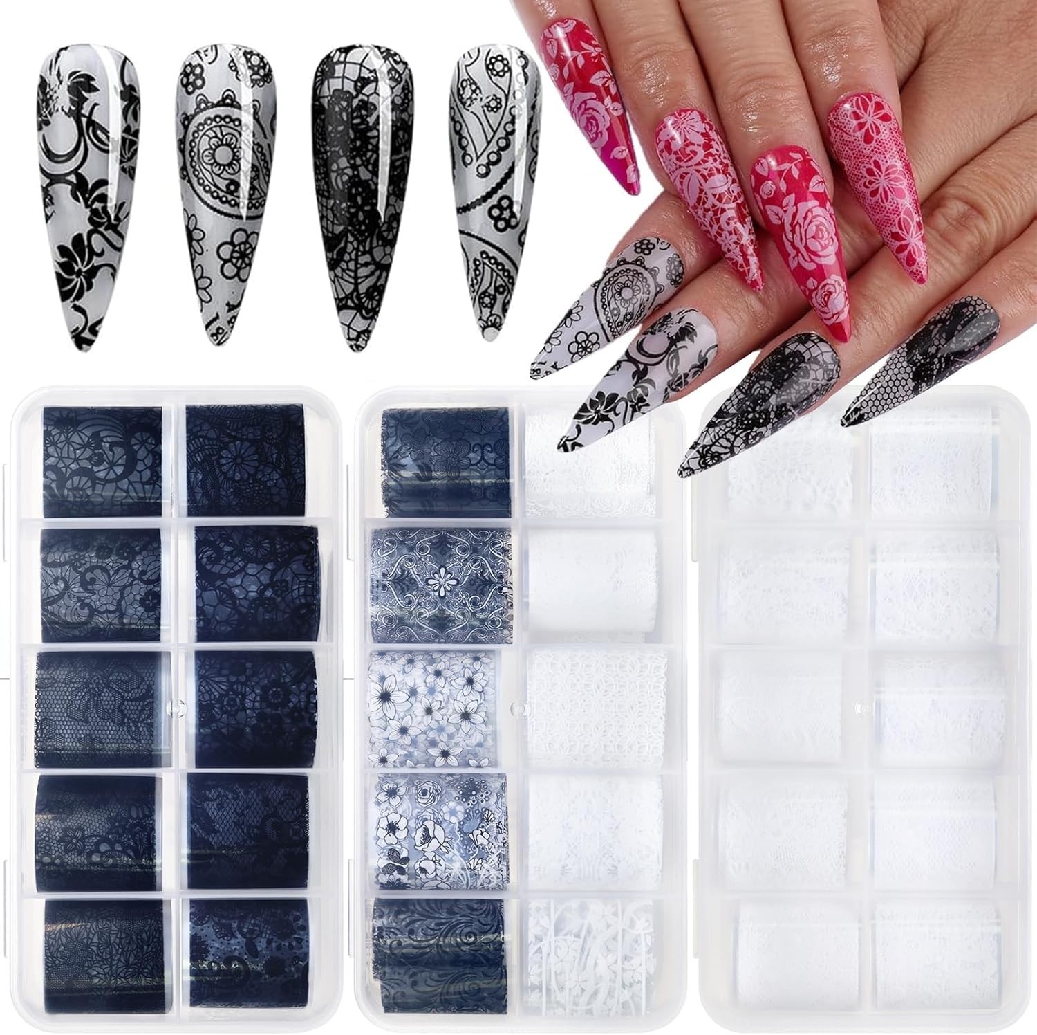 Lace Transfer Nail Foil White and Black Nail Transfer Foil Sticker, Flower Na…