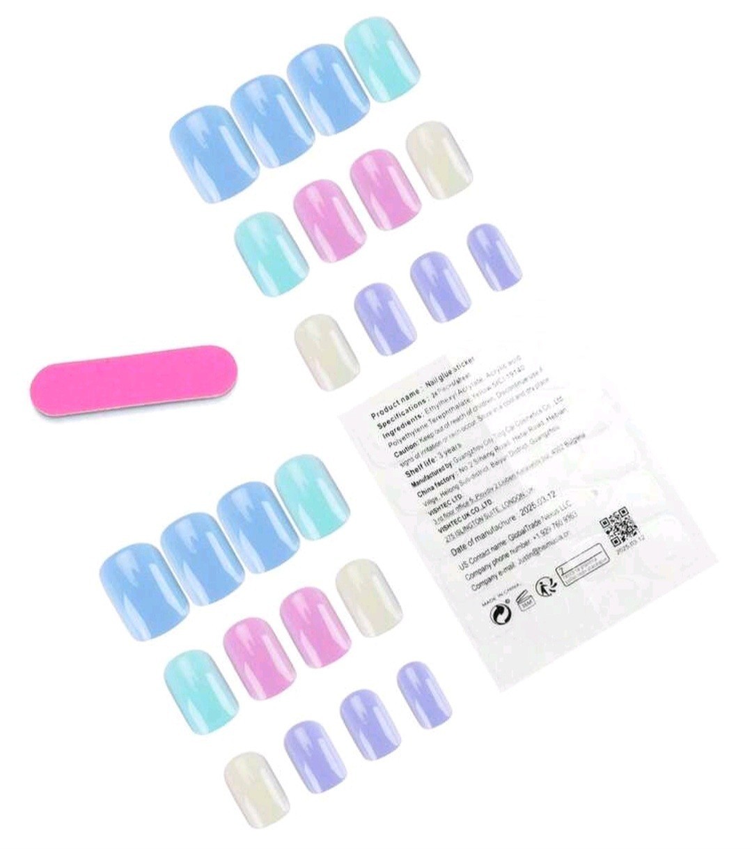 Press-On Nails Pastel Pink Pale Yellow-Green Lavender Blue Turquoise Short Shiny