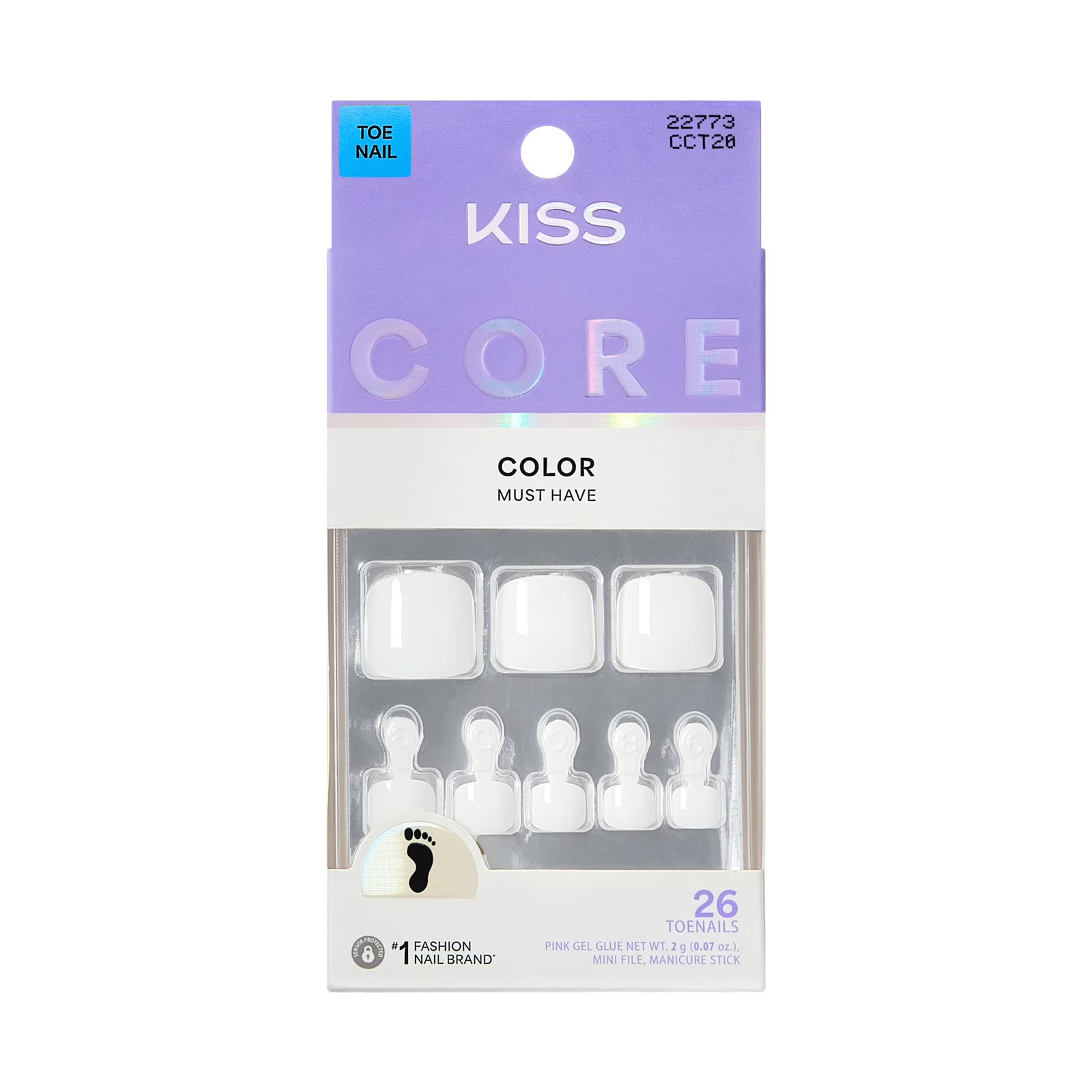 Core Color Short Squoval Press-On Toenails, White, 26 Pieces