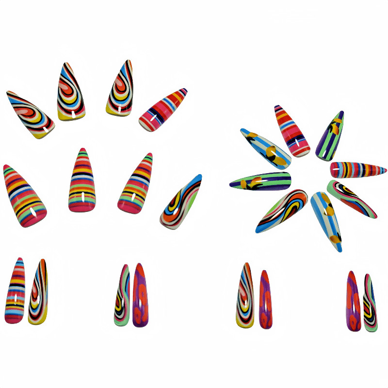 48pcs Press-on Nail Long Almond Stripe High-gloss Multicolor Nails Swirl Prints