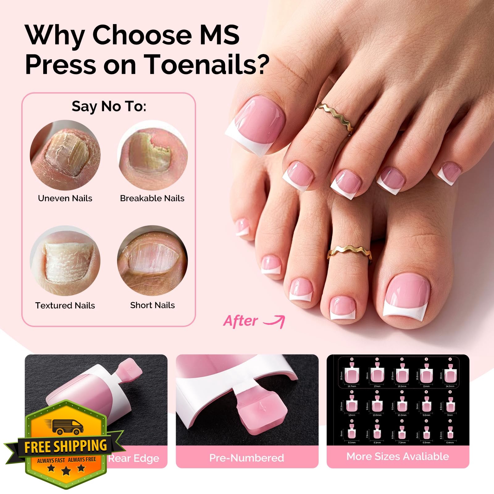 MelodySusie French Tips Press On Toenails,Sharp Square 300Pcs 15 Sizes X Pre-…