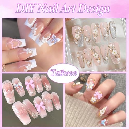 1000 Pcs White Flower Nail Charms, 3D Tiny Flowers Charms Set 3-White & Pink