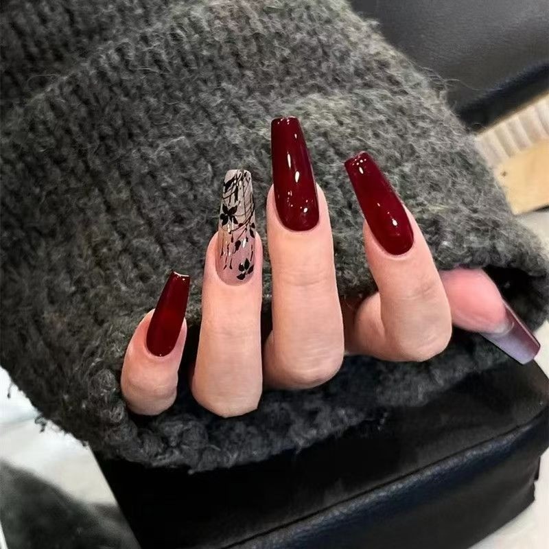 48pcs-Long Coffin Press on Nails, Glossy Burgundy Red with Black Floral Accents