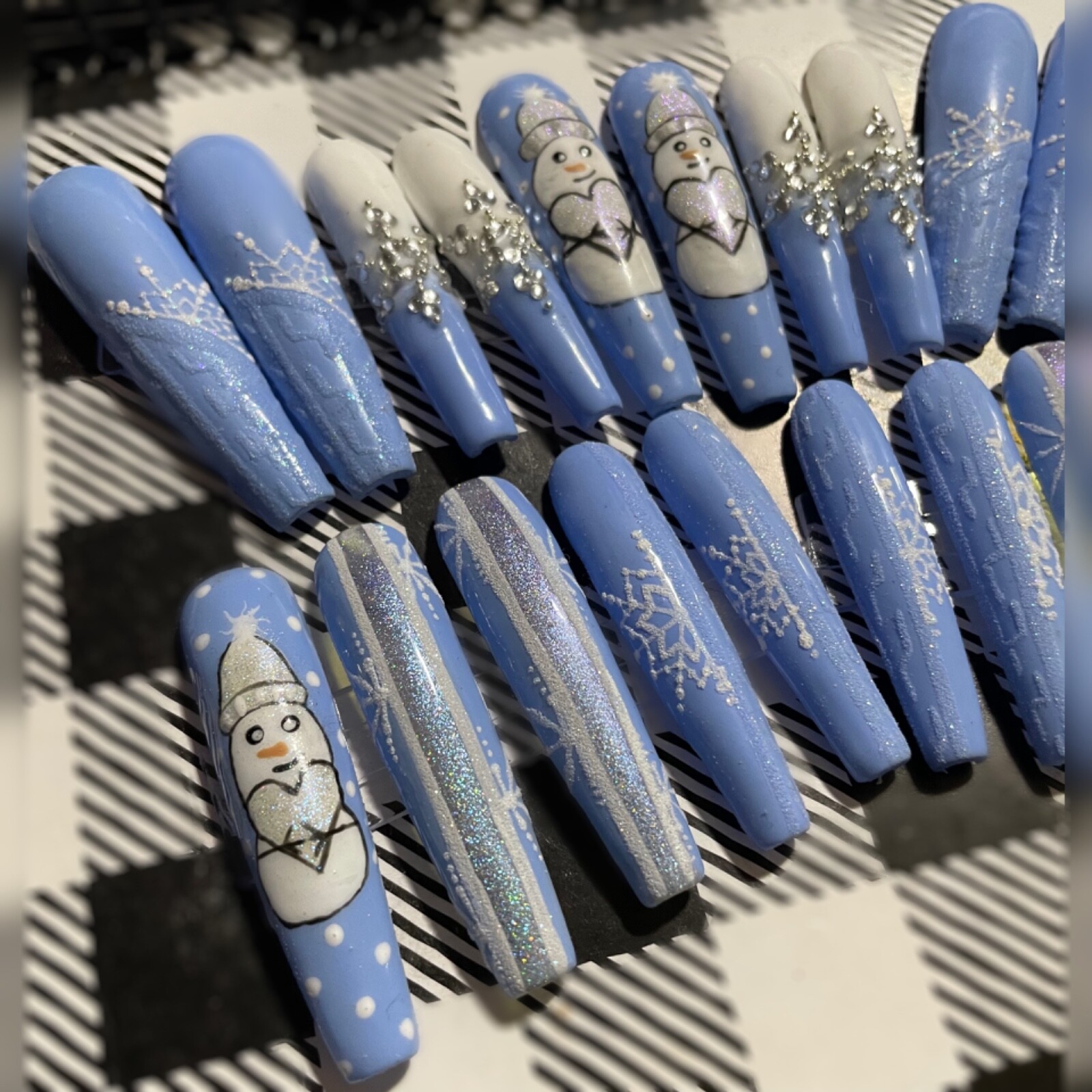 Custom acrylic Press on Nails 3XL 20 snowman snowflake sparkles gems blue silver