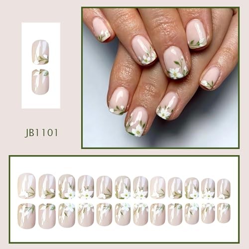 24 Pcs Spring Press on Nails Short Square Fake Nails Floral Style Nails 40