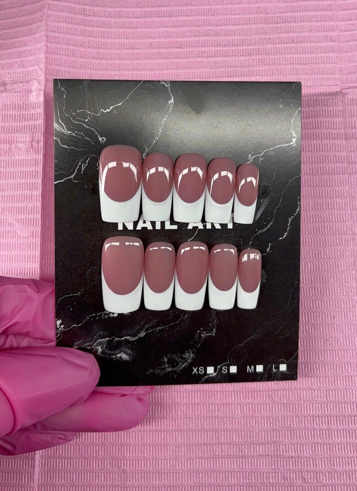 Medium square Press on nails white French tips nude gel