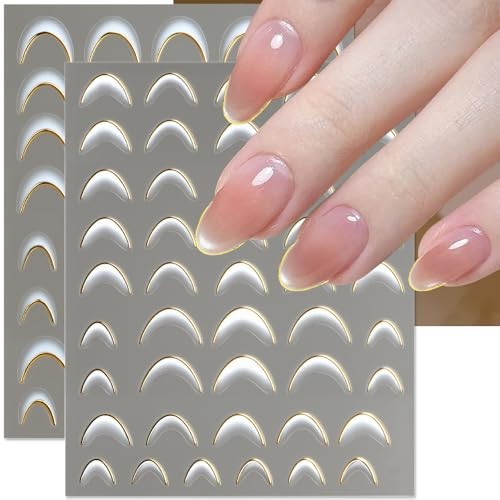 Gradient French Tip Nail Stickers for Women White Gold Curve Line Nail Art