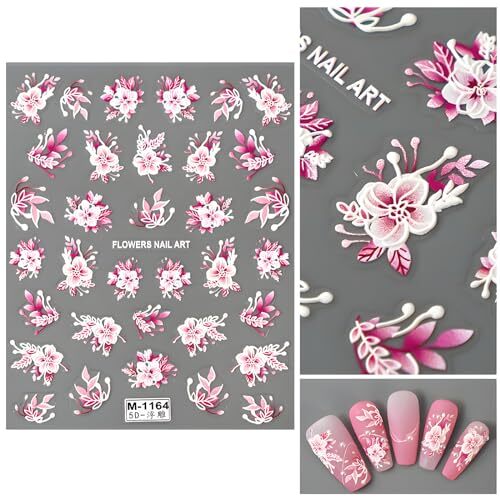 Pink Flowers Nail Art Stickers 5D Embossed Self Adhesive Nail Decals Spring