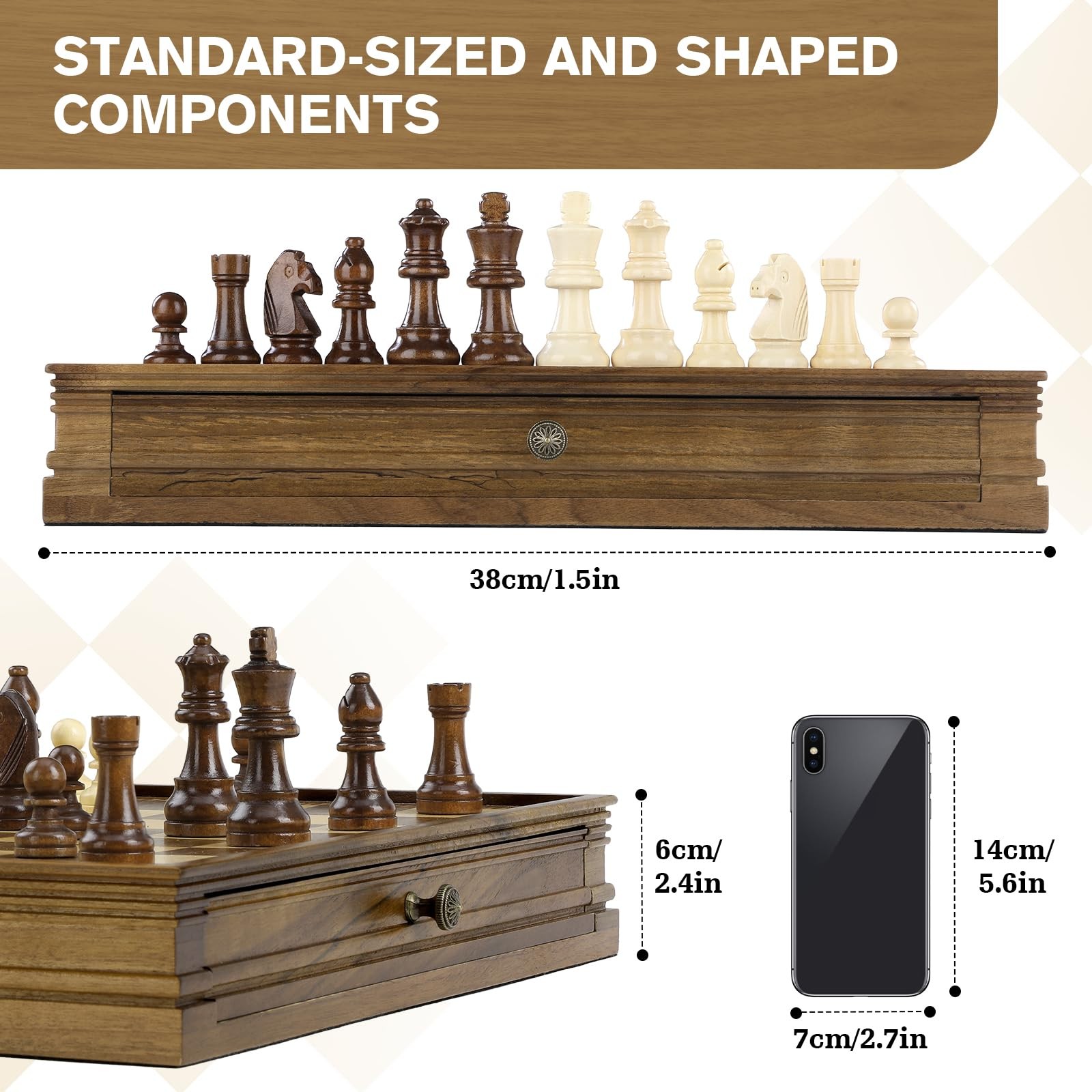 Peradix Magnetic Chess Checkers 32 cm x 32 x 5.2 cm, Walnut Color 12.8″