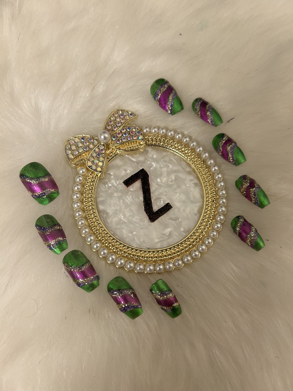 Z NAILZ! Gorgeous Set Of Handmade M Coffin Purple/Green/Gold Press On Nails
