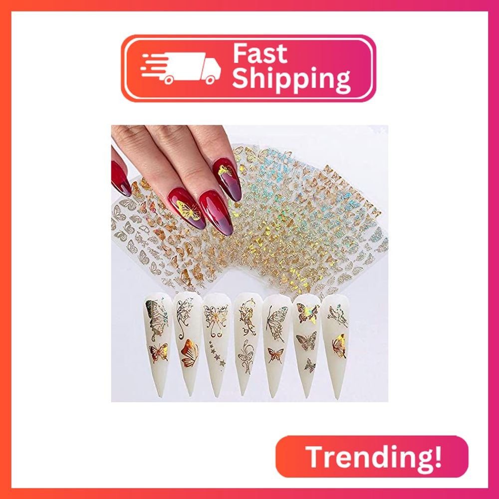 8 Sheets Butterfly Nail Adhesive Sticker – Laser Craft Glitter Gold and Silver S