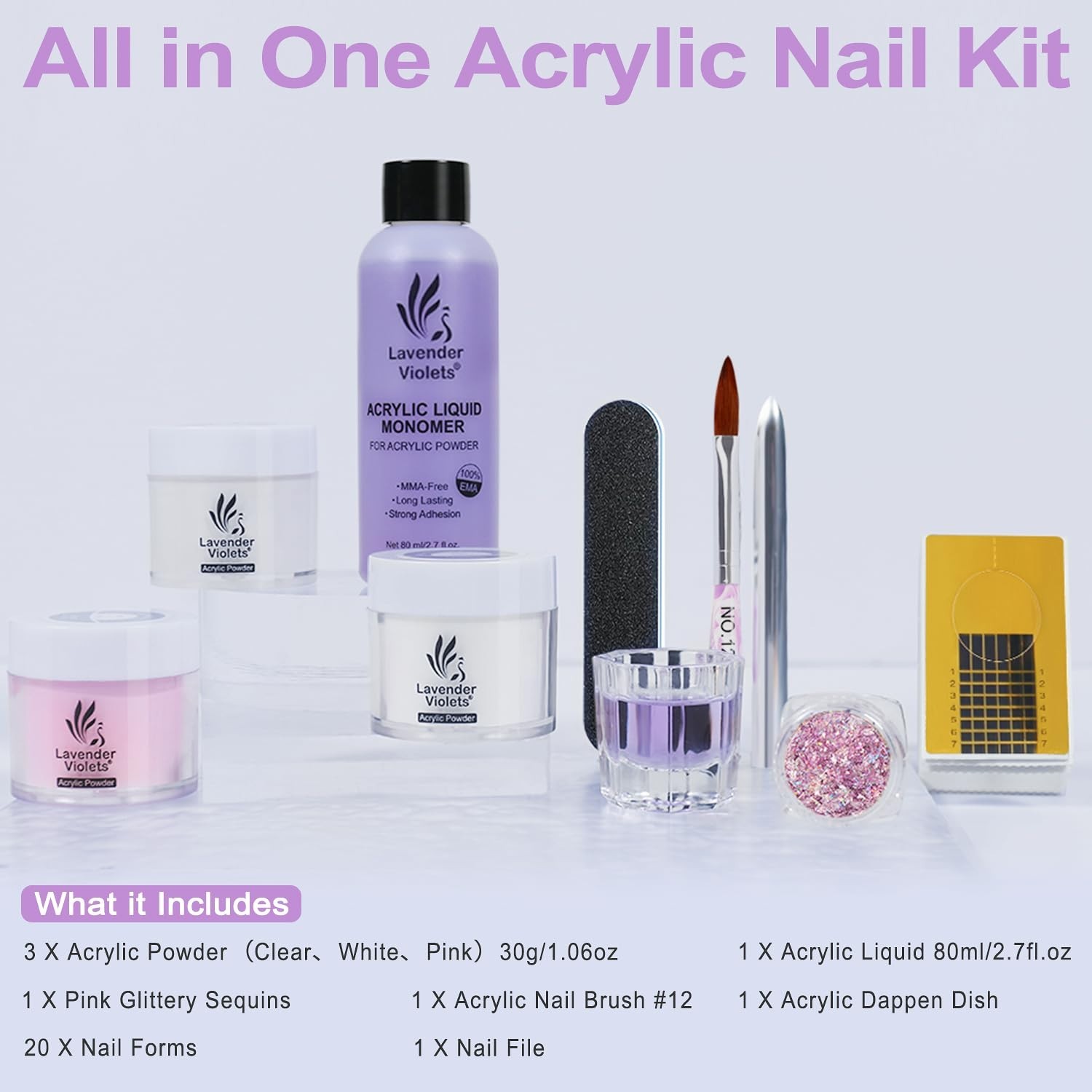 Acrylic Nail Kit – 30g x3 Clear, White, Pink Powder & 80ml Monomer Liquid Set