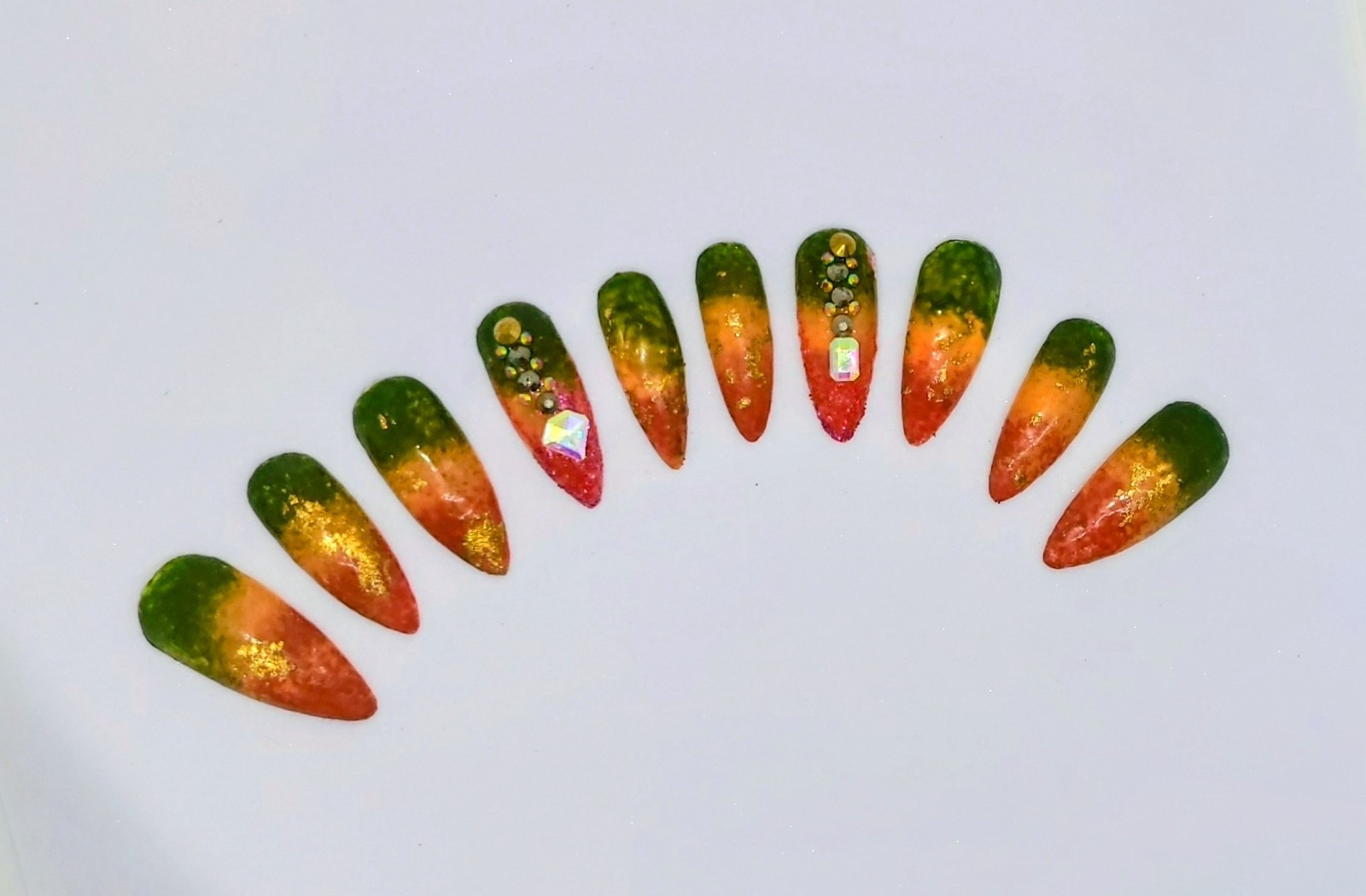 KFN ​Press On Nails| Rasta Ombre Almond Gel Glass Finish Gold Swarovski Design