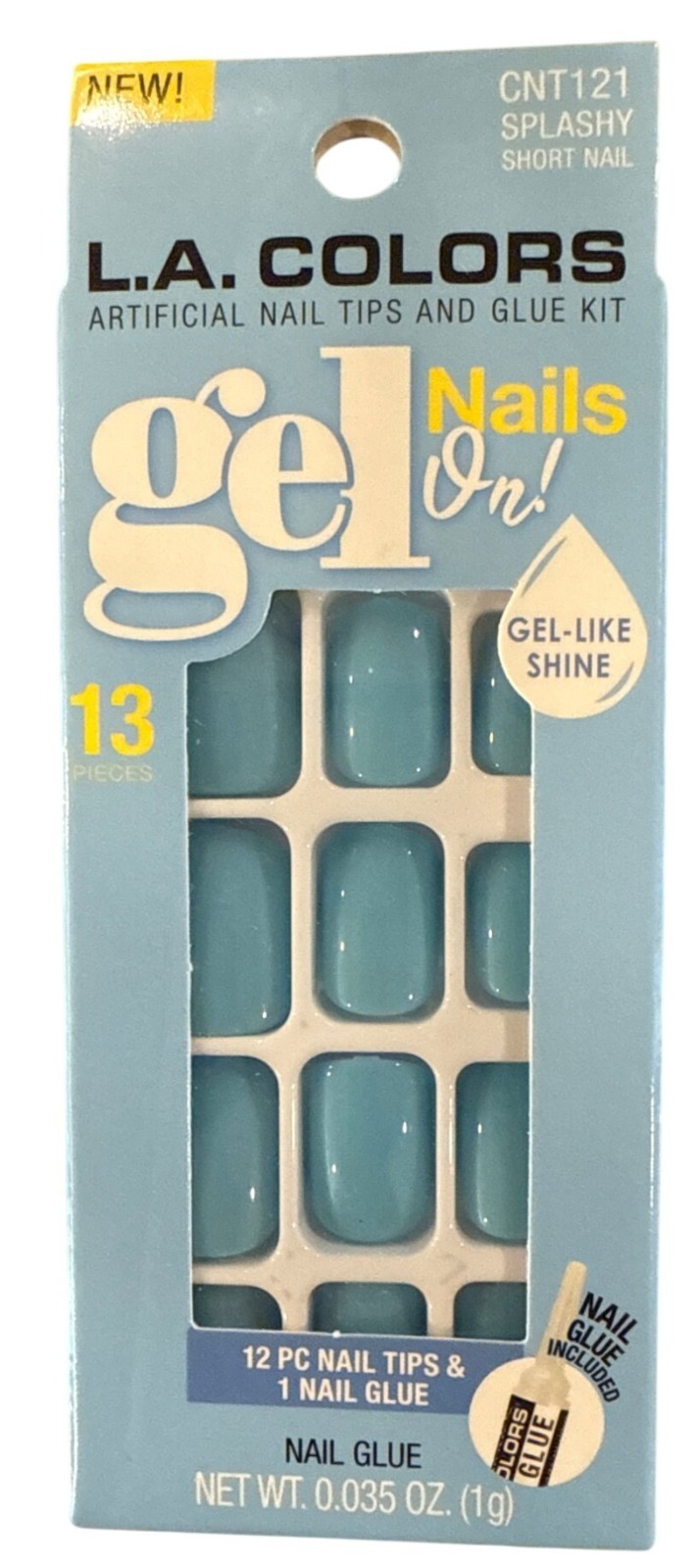 L.A. Colors GEL ON! 12 Nail SPLASHY Short Square Glossy Turquoise Gel-like Shine