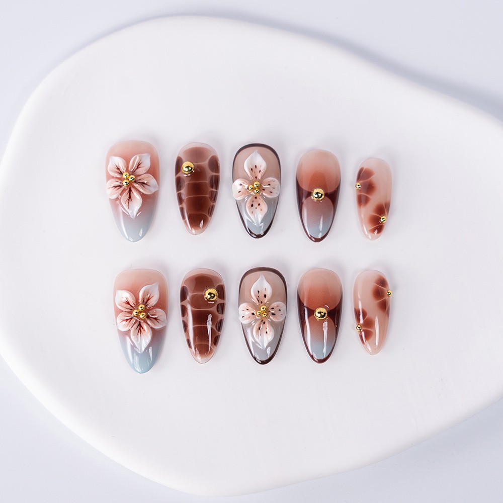 10/20PCS Handmade Almond Shape Press On Nails Gradient Floral Fake Nails S-L