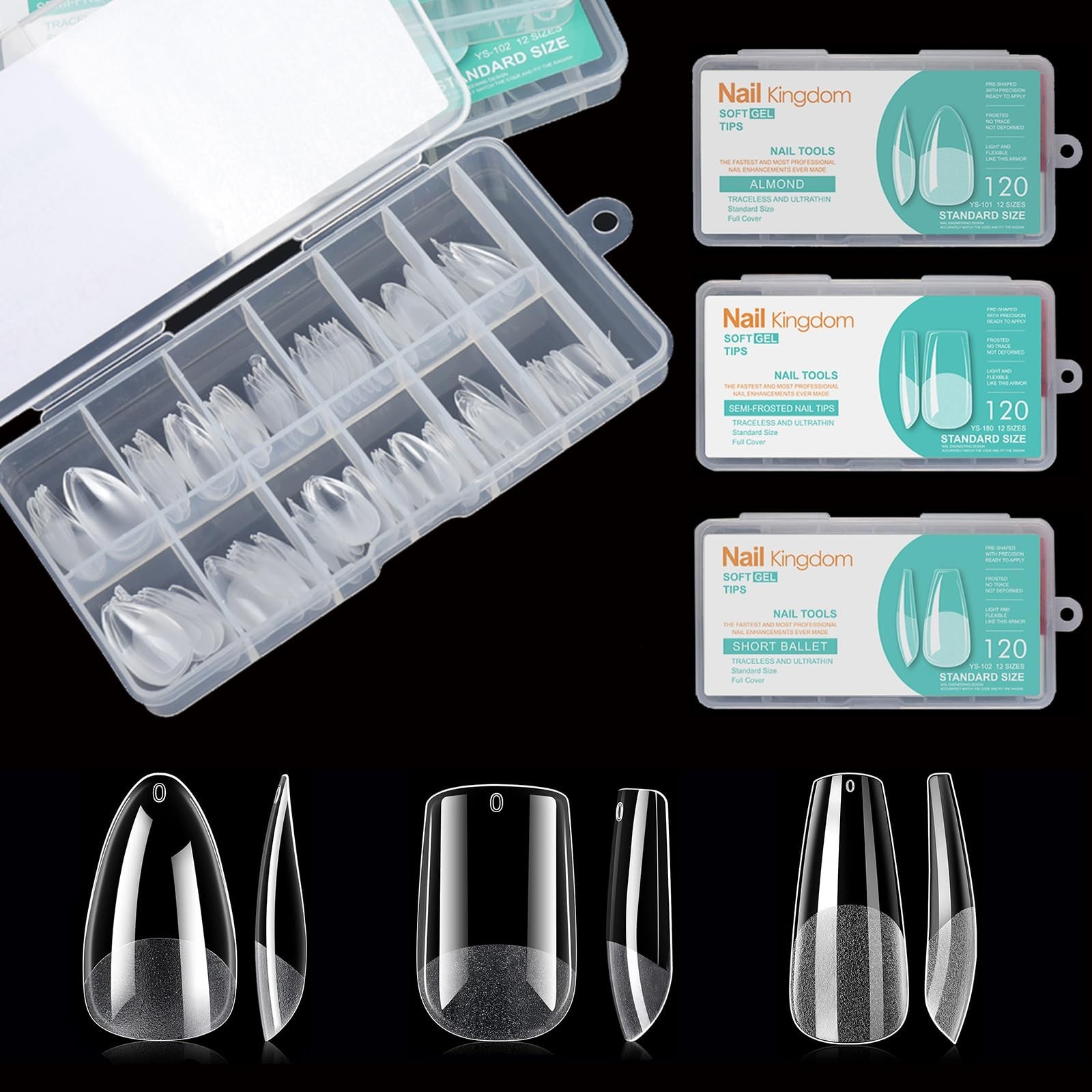Soft Gel False Nail Tips Kit – 360PCS Medium Almond, Square, Ballerina, 12 Sizes