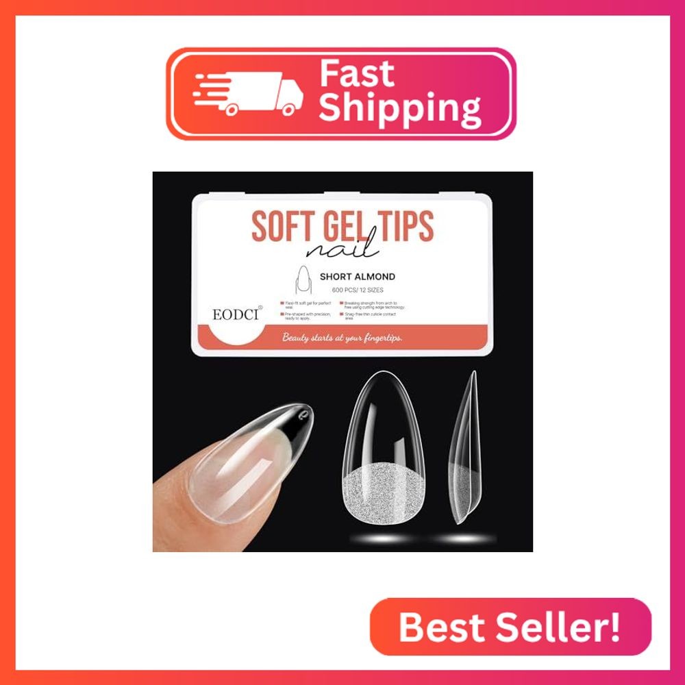 EODCI Short Almond False Nail Tips 600pcs for Full Cover Extension – 12 Sizes So