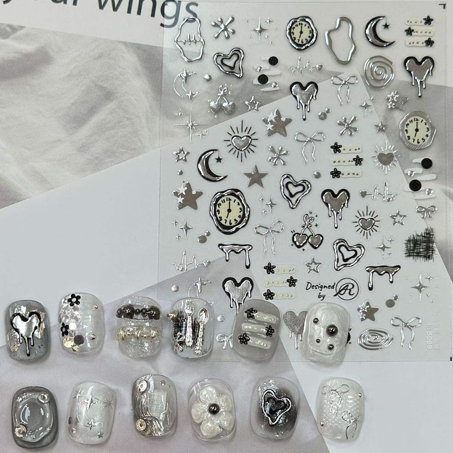 Metallic Nail Art Stickers – 2 Sheets of 5D Glitter Designs for DIY Decoration