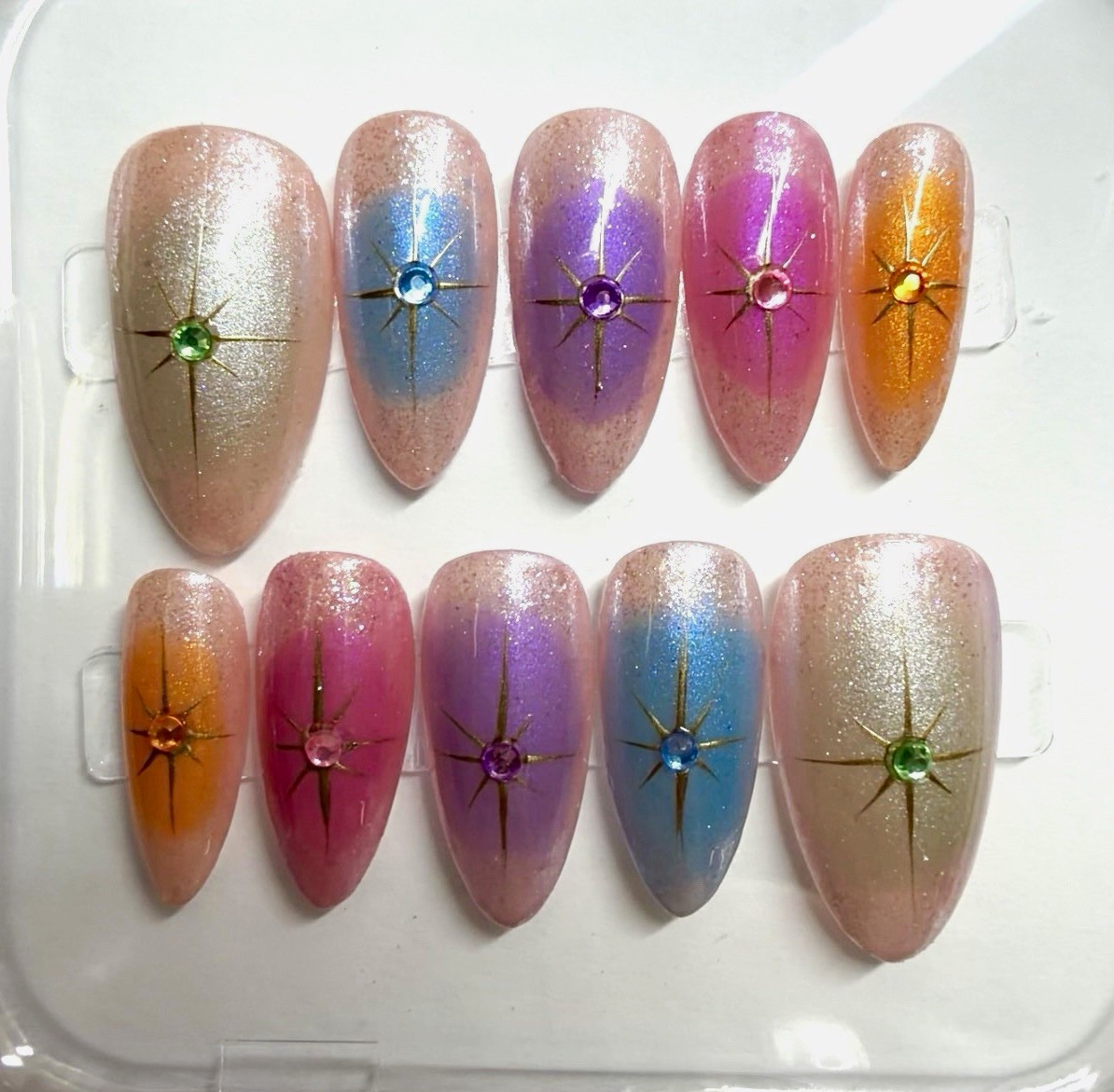 Handmade Multicolor Glitter Starburst Star Almond Medium Press-On Nails Set