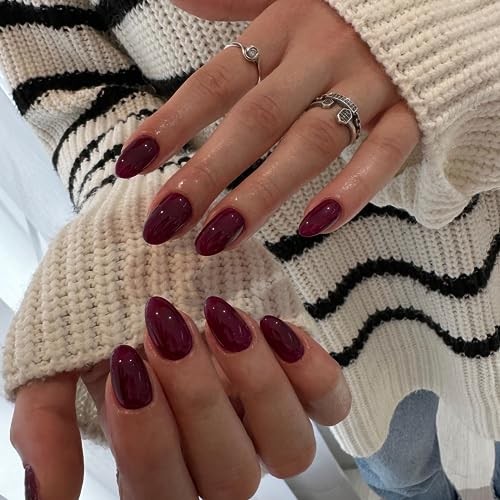 Burgundy Wine Red Press on Nails Short Almond Fake Nails glossy burgundy red