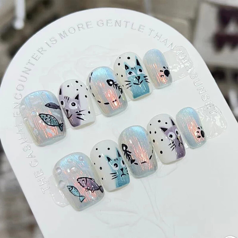 Handmade French Handpainted Cute Animal 3D Bow Fake Nail Short Press On Nail Set