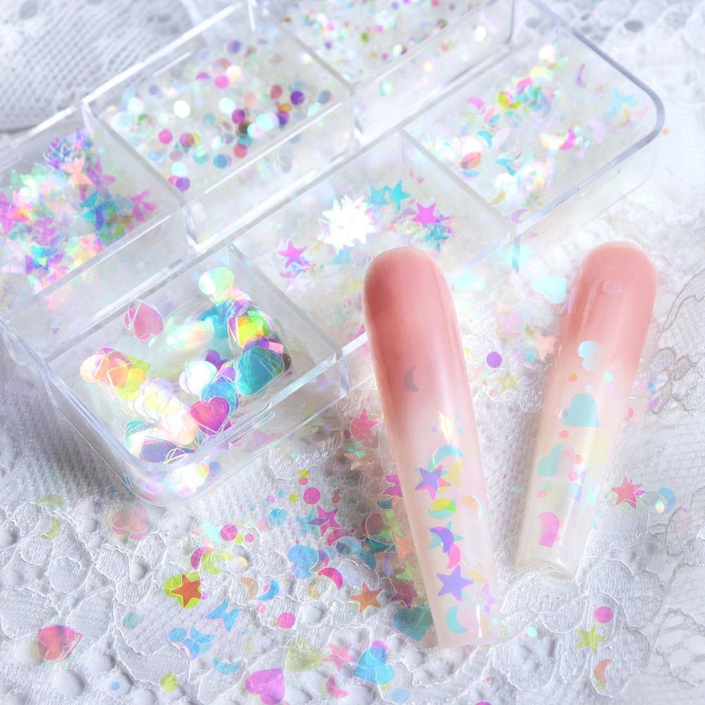 6 Grids Nail Art Glitter Sequins Star Moon Heart Butterfly DIY Nails Decoration