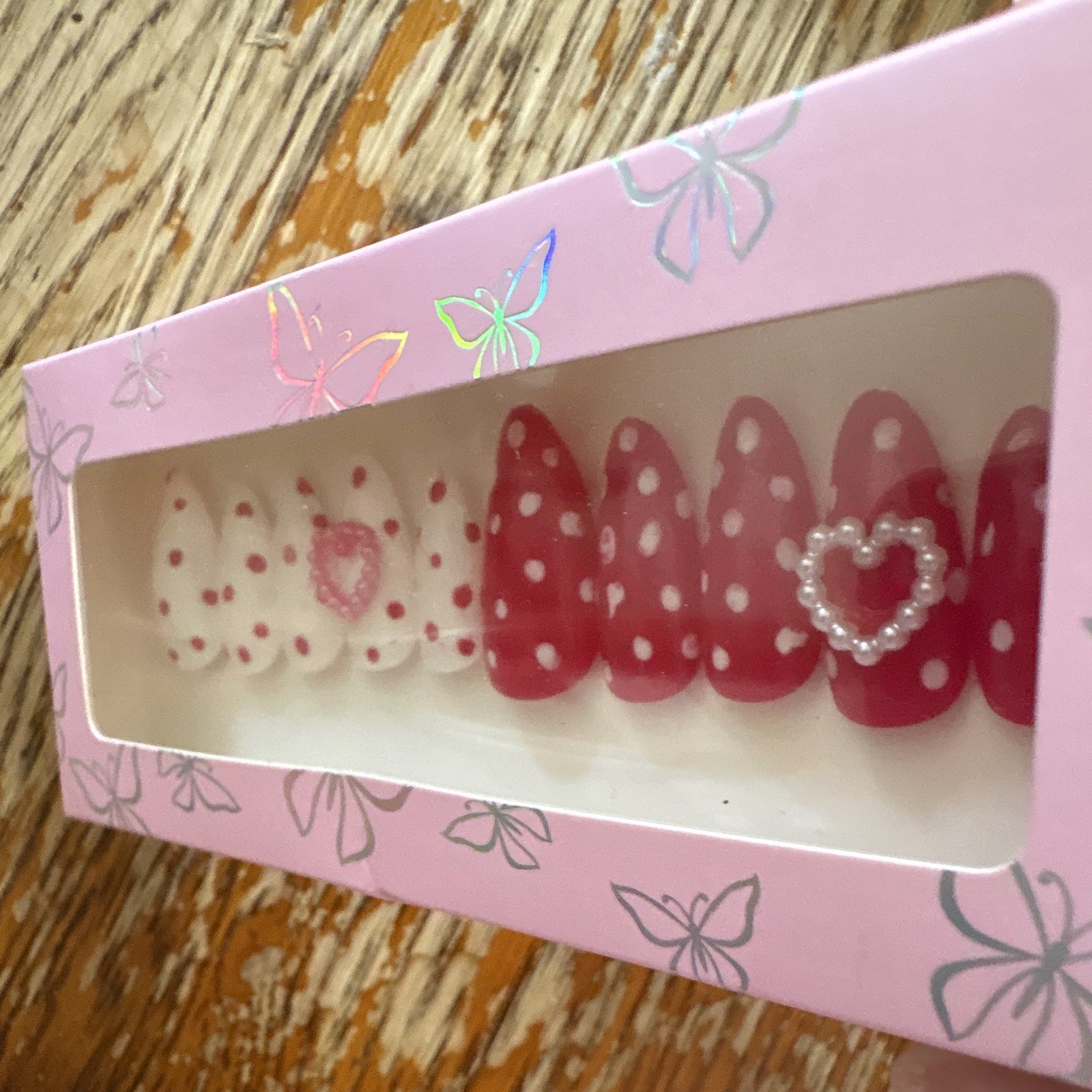 Pink White Polka Dot Heart 3D Pre-Designed Full Cover Almond Press-On Nails