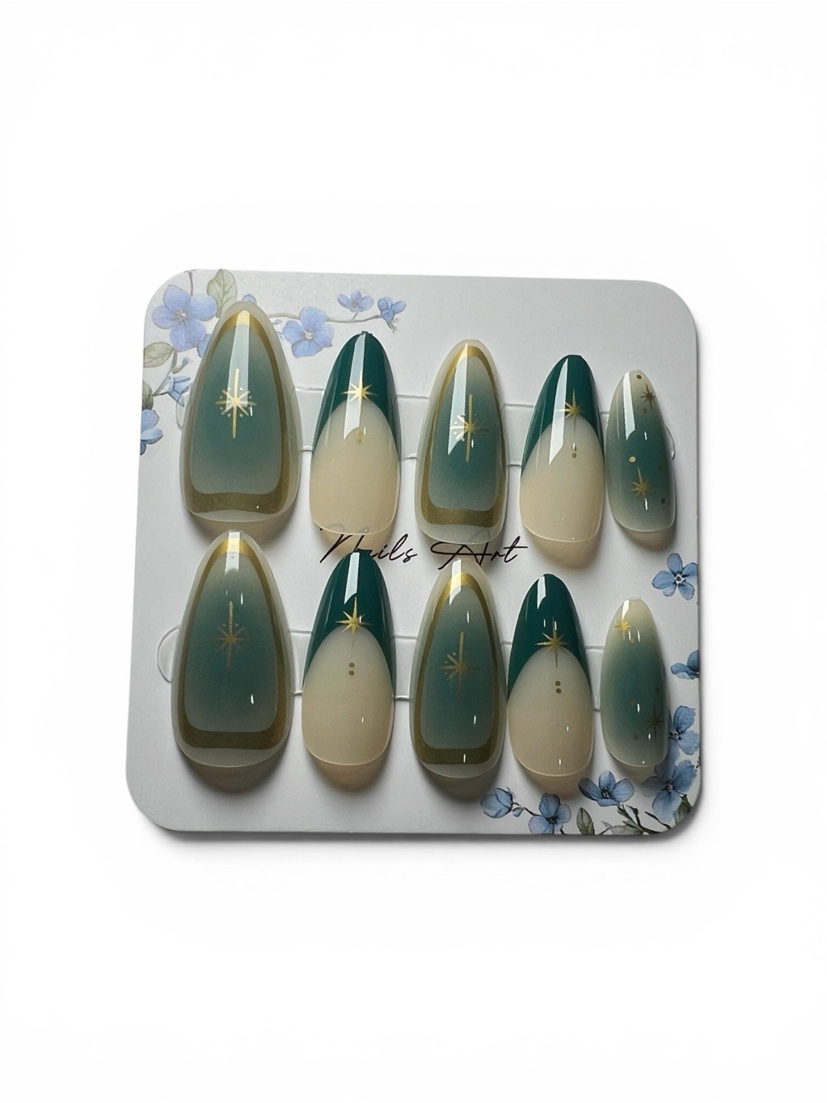 24 pc Green & nude ombre meduim length press on nails with gold stars