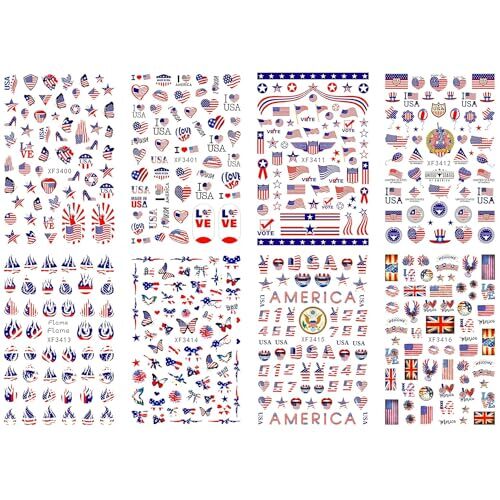 8sheets 4th of July Nail Art Stickers 3D Self-Adhesive American Flag Patriotic