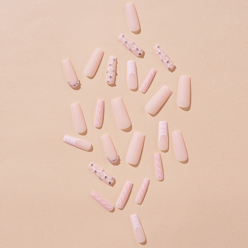 Press on Nail -Sweet Cool Pink White, Extra Long Square Fake Nail, 48 Piece Set