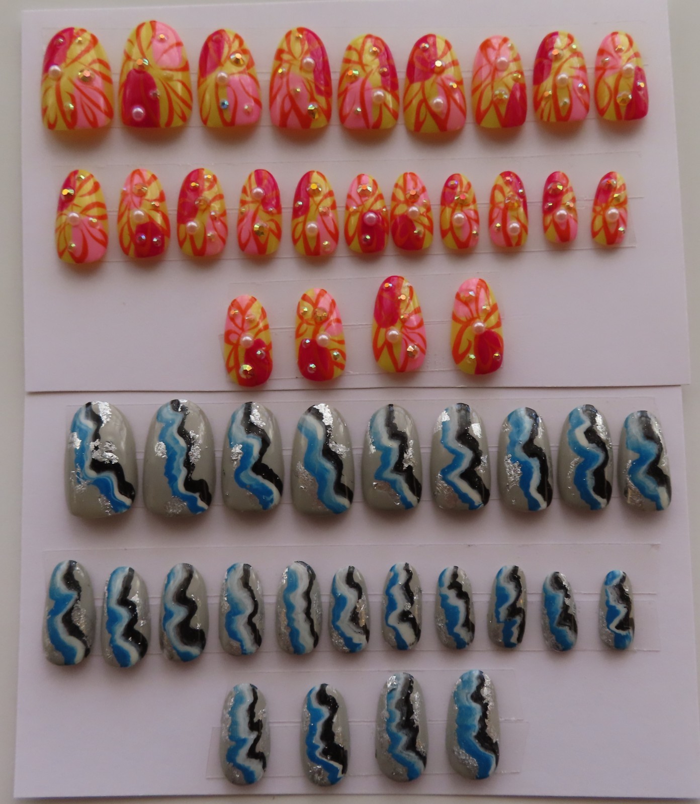 (2) Sets Yellow Red Pink Abstract | Blue Black White Foil Oval Press-On Nails