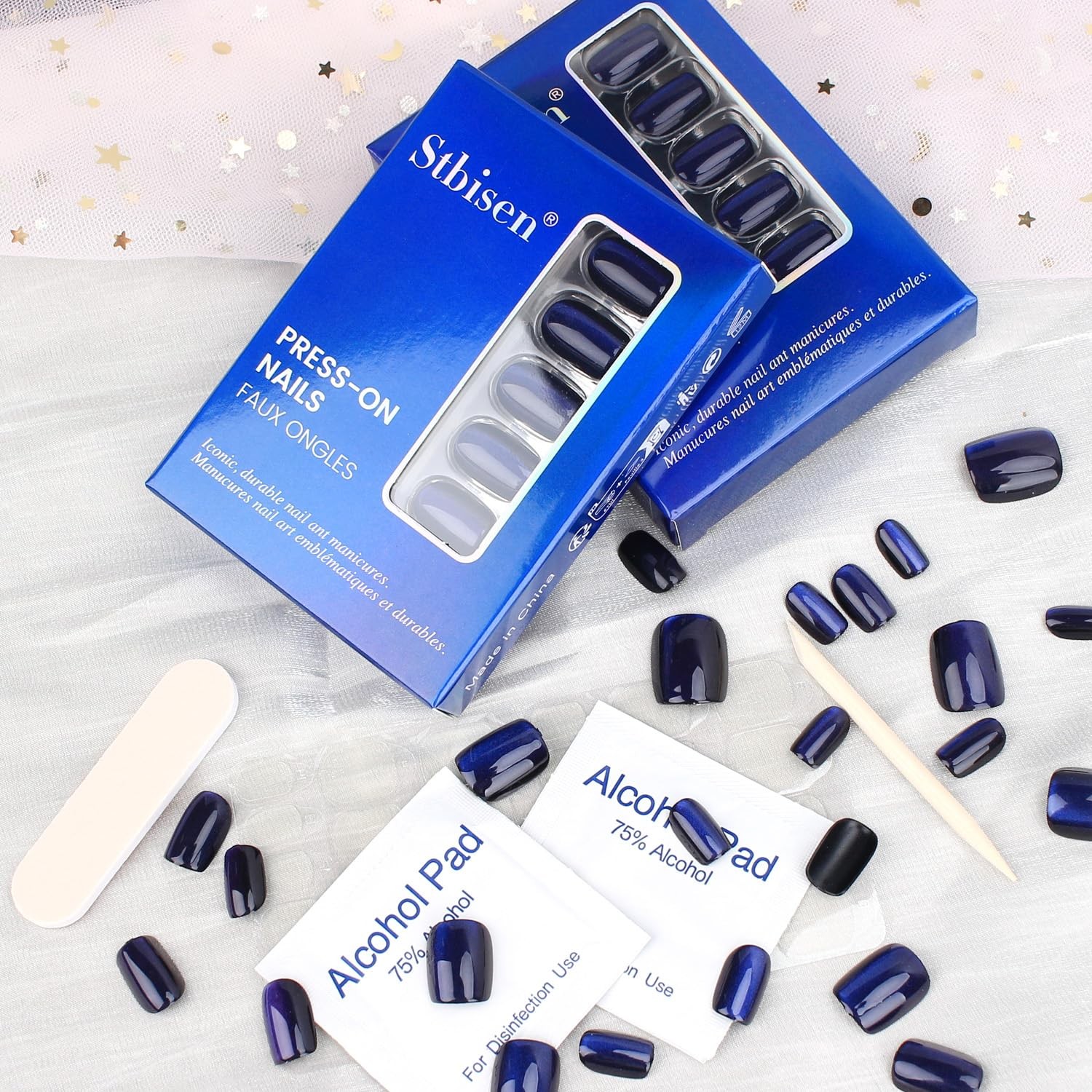 Stbisen Dark Blue Press On Nails Square, Short Cat Short, M01-Midnight Mirage