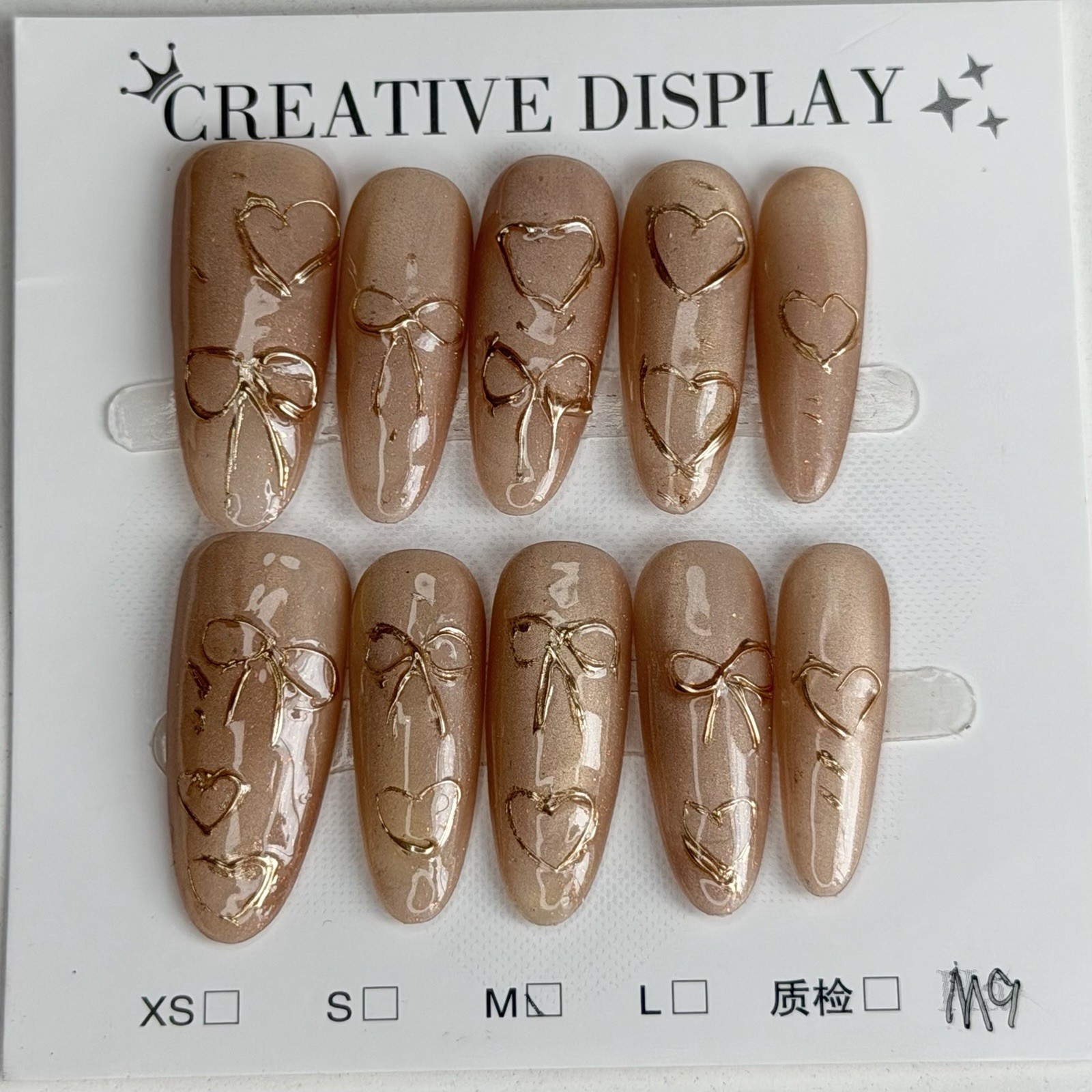 Handmade Bow And Heart Love Press-On Nails Long Oval Size M Reusable Fake Nail