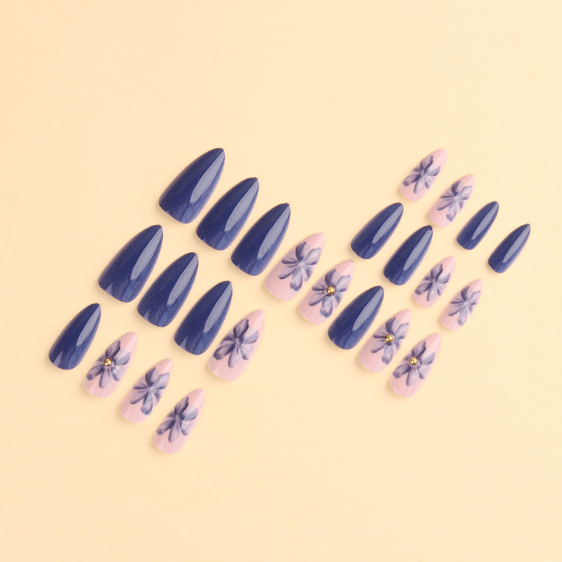 48Pcs-Long Almond Navy Blue Solid Watercolor Blue Flower Gold Press on Nails Set
