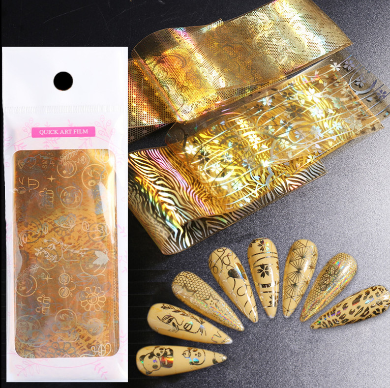 16pcs Golden Panda Leopard Moon Star Line Transfer Nail Foil Stickers Decal 15JS