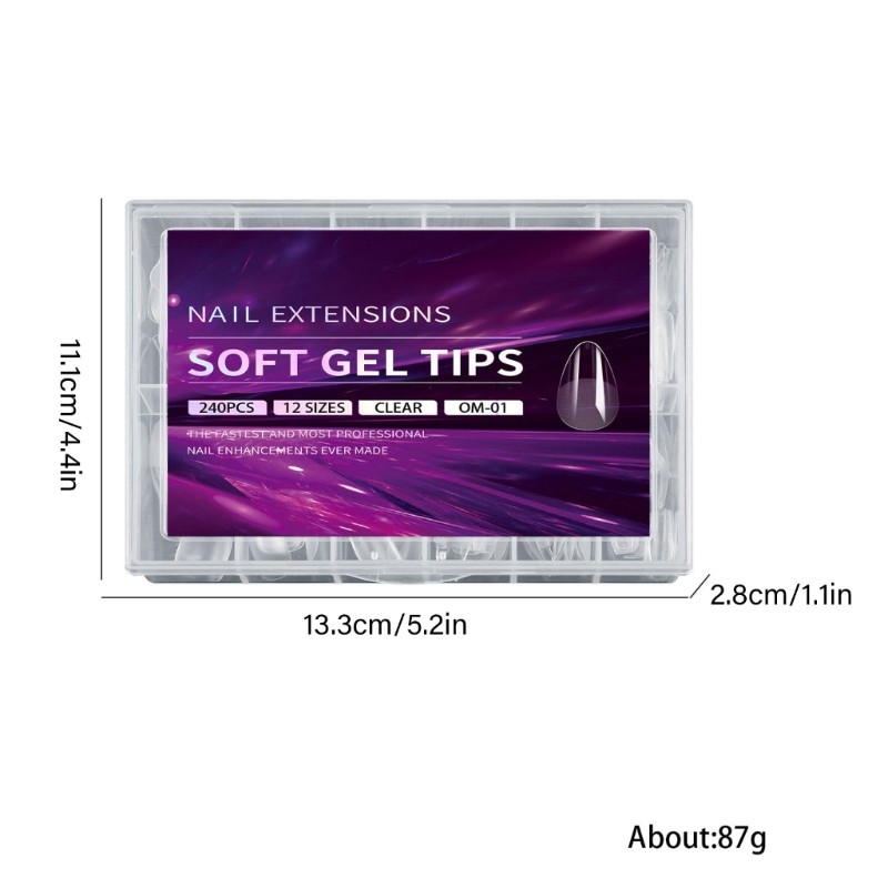 Almond Nail Tips 240pcs Clear Gel Full Cover 12 Sizes with Storage Box