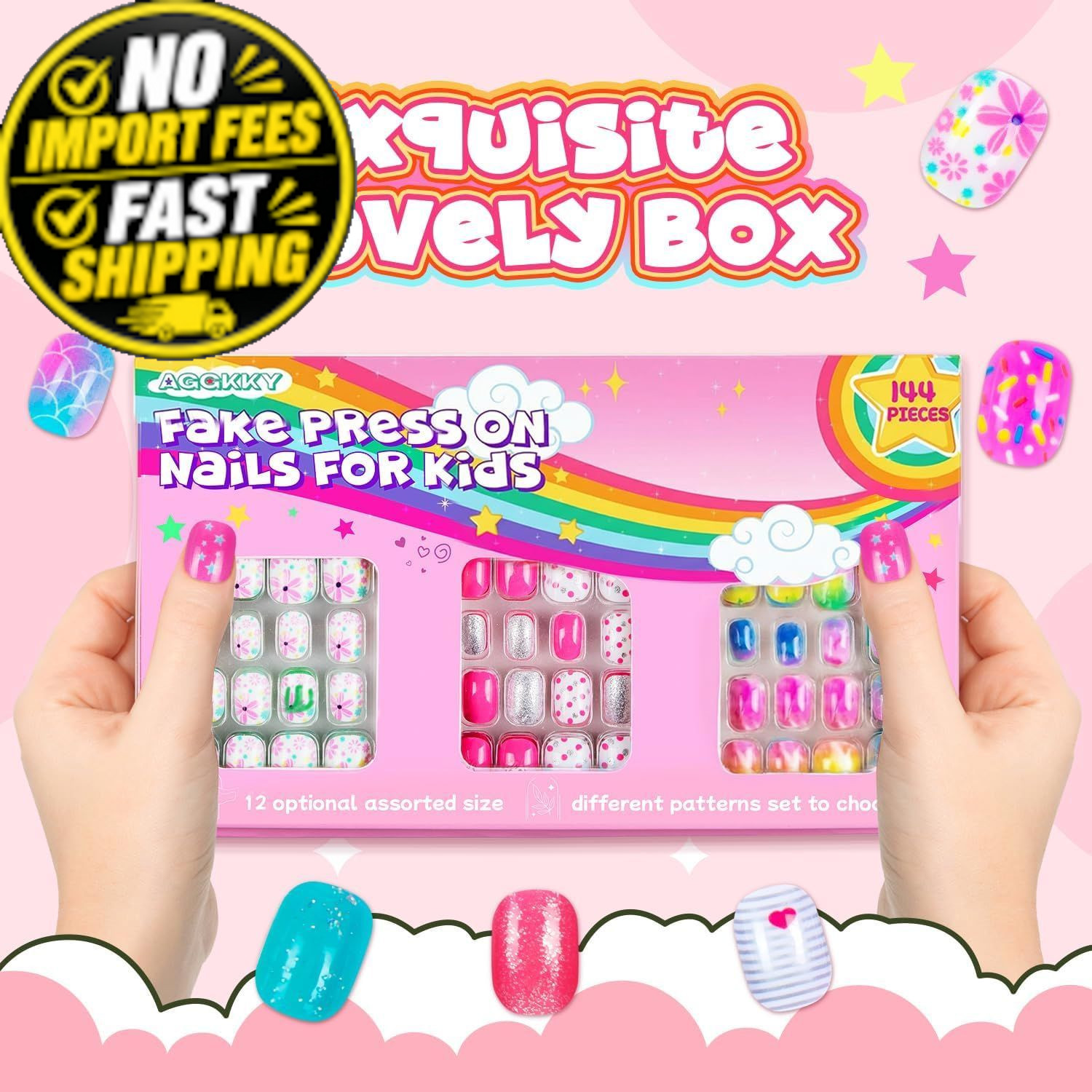 144 Pieces 6 Pack Kids Press on Nails Artificial Fake Gradient Pattern