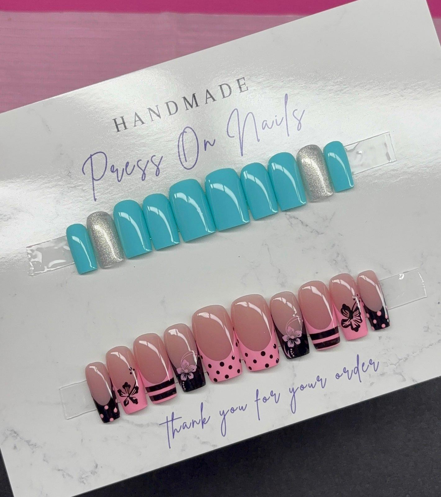 Short square and medium square press on nails spring pink black teal silver