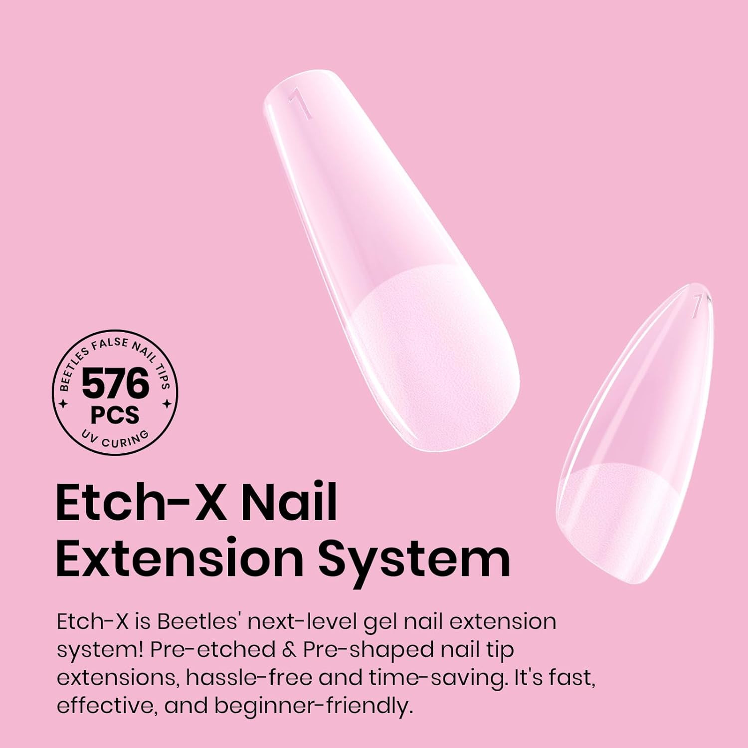 Beetles Medium Almond Nail Tips 576Pcs 12 Sizes, Pre-Etched Soft Gel Nail Tips H