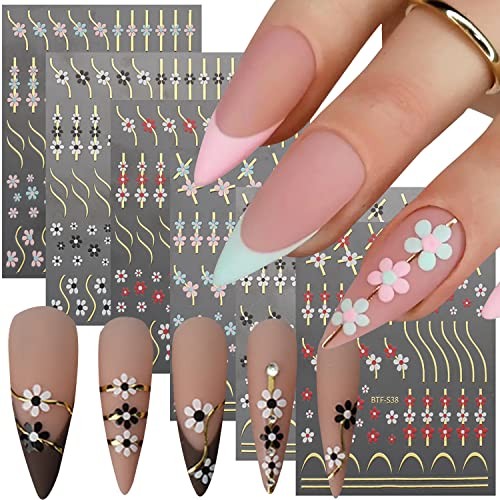 Flower Nail Art Sticker Decals, Gold Line Black White Pink Gold Line and Flower