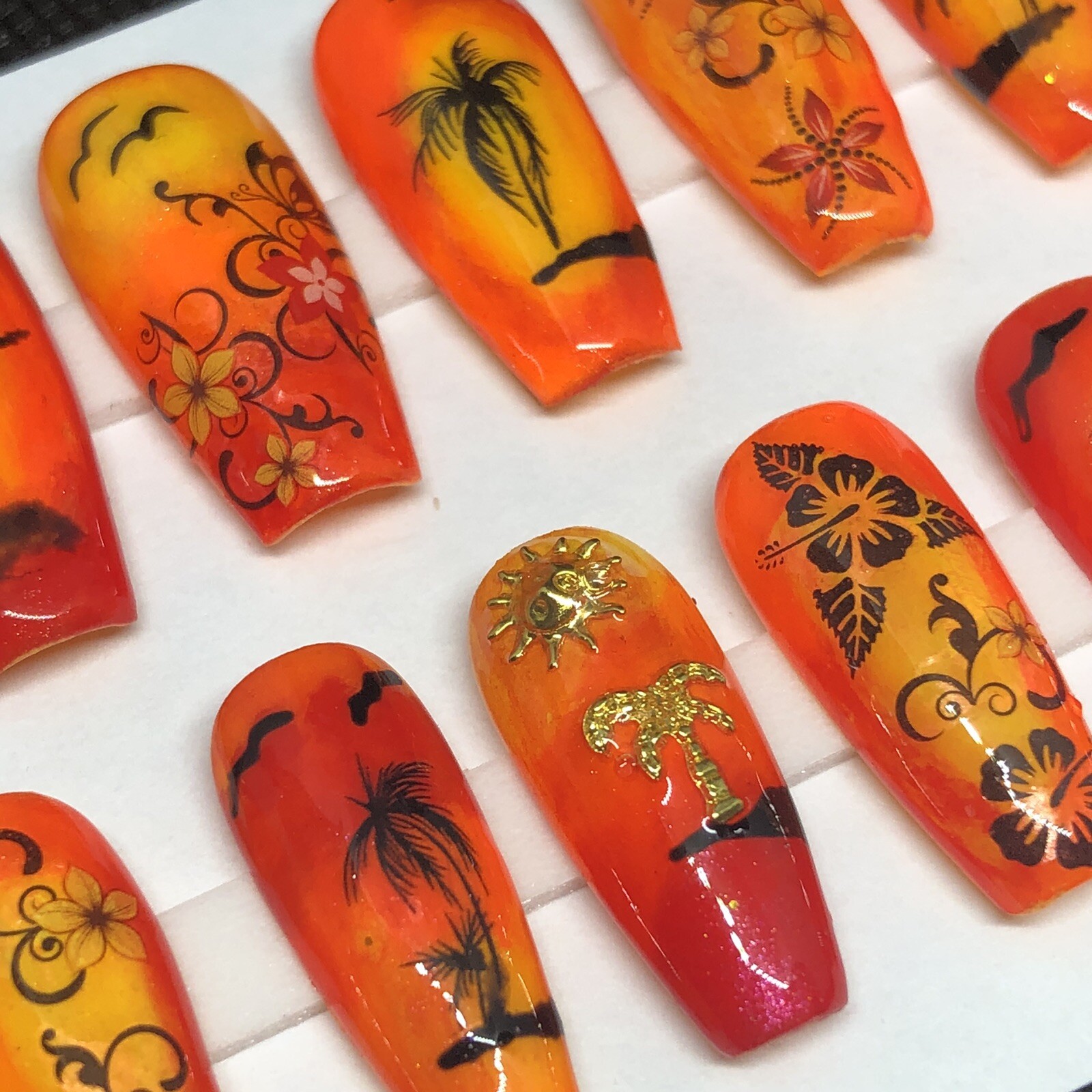 Handmade Custom Press On Nails Long Coffin Shape Summer Tropical Beach Nails